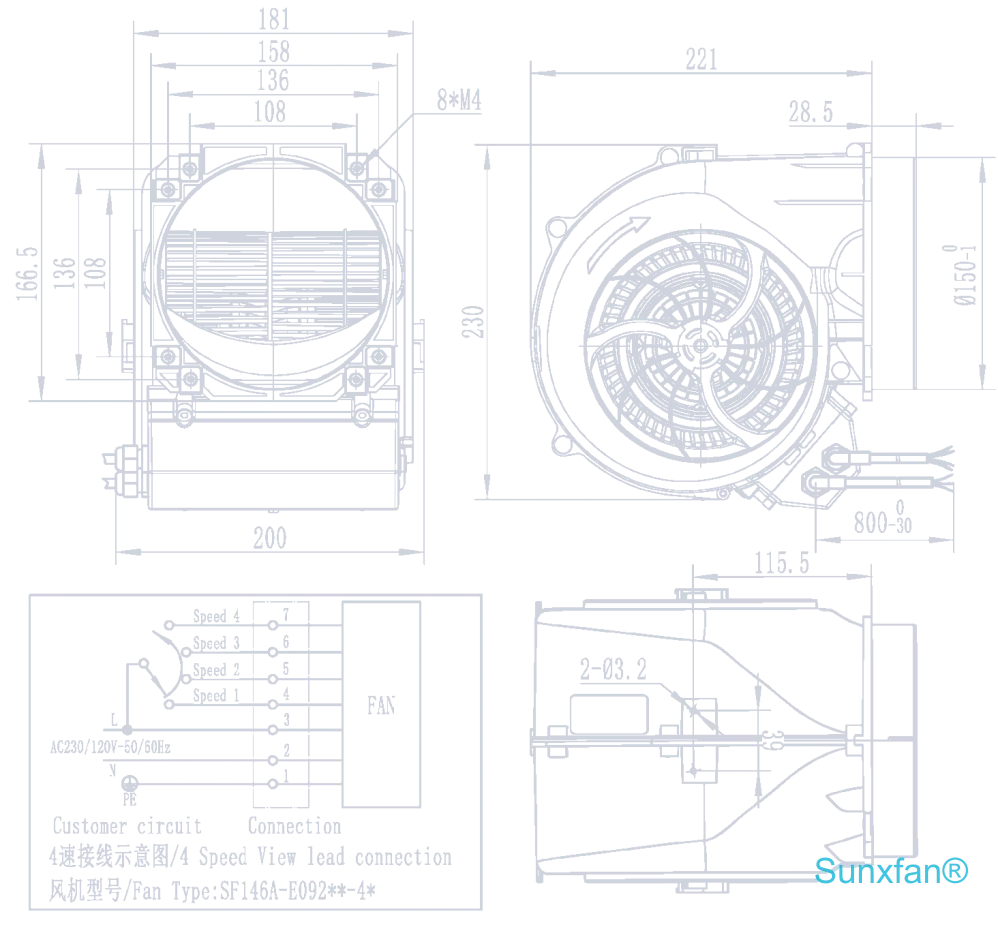 EC146 Dual intake Centrifugal blower — 860 m³/h — Dimensions