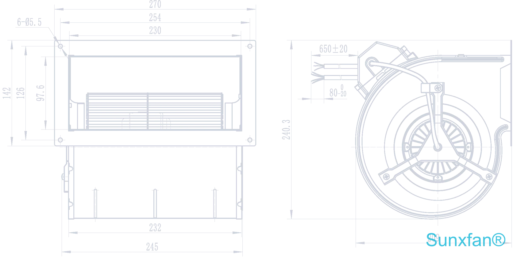 EC146 Double inlet Centrifugal Fan — 1250 m³/h — Dimensions