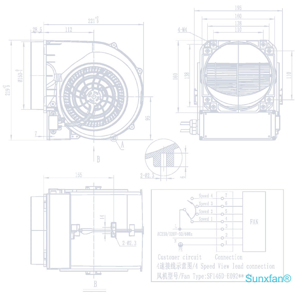 EC146 Dual intake Centrifugal blower — 860 m³/h — Dimensions
