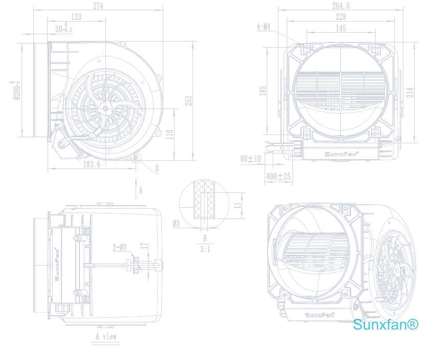 EC160 Double inlet Centrifugal Fan — 1200 m³/h — Dimensions