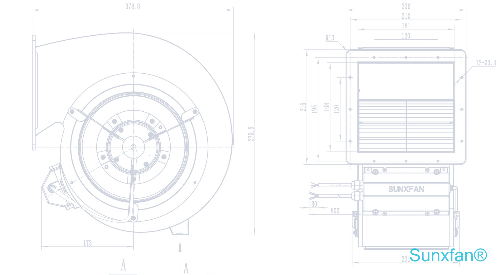 EC235 Double inlet Centrifugal Fan — 1650 m³/h — Dimensions