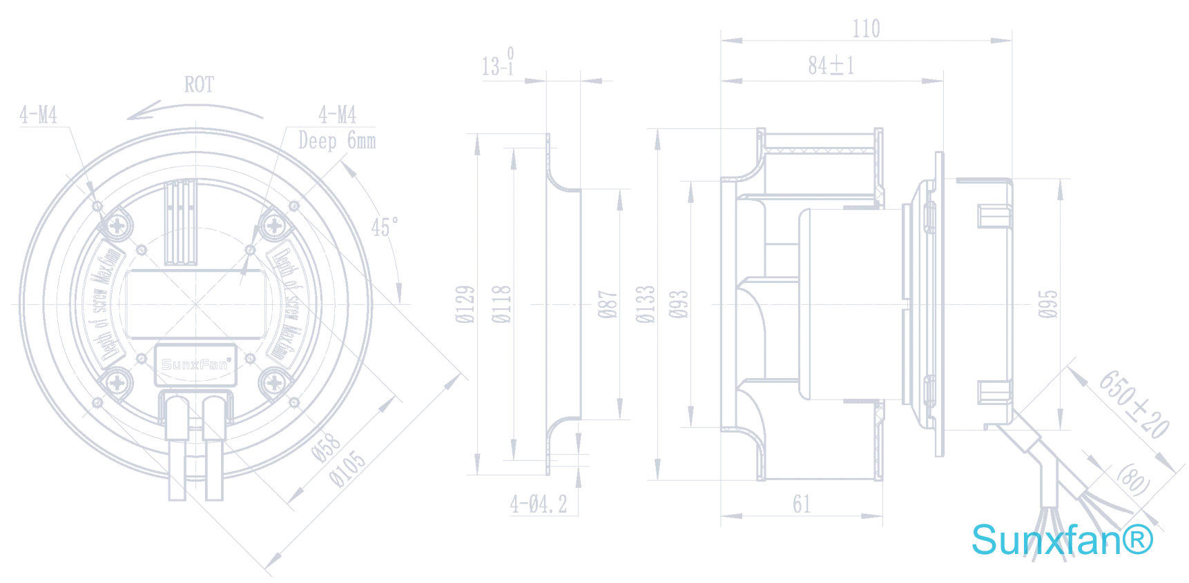 EC133 Backward-Curved Centrifugal Fan — 450 m³/h — Dimensions