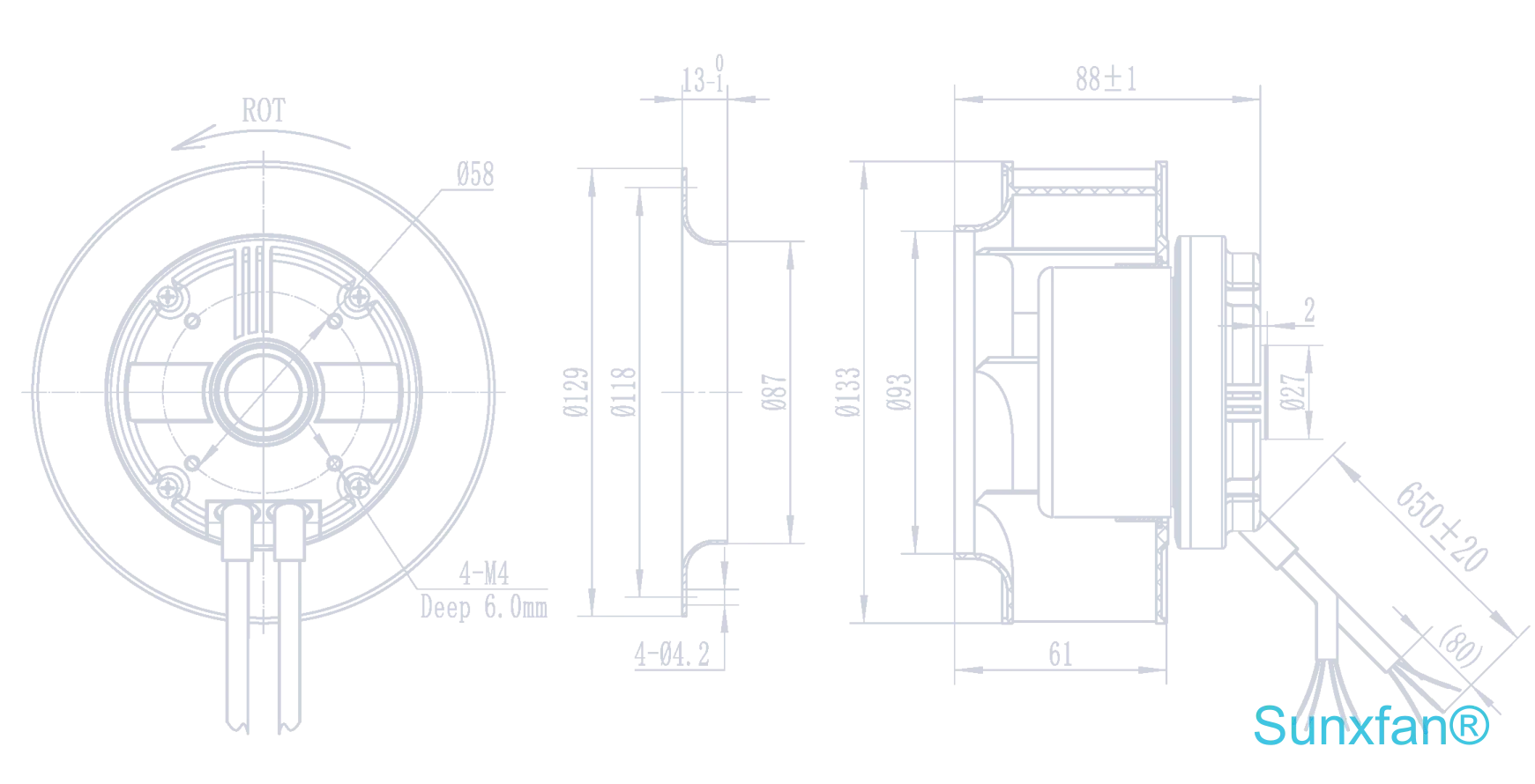 EC133 Backward-Curved Centrifugal Fan — 450 m³/h — Dimensions