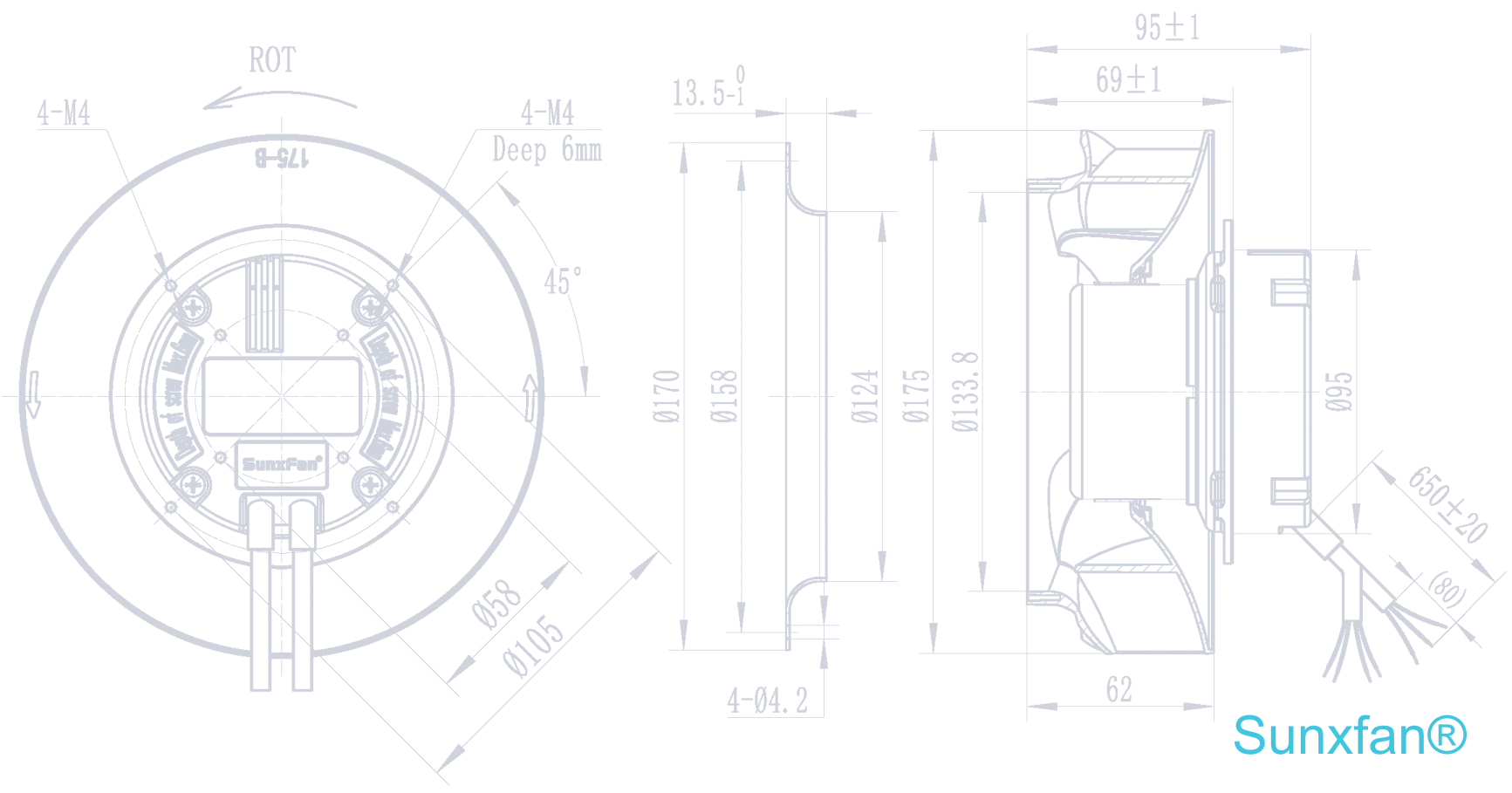 EC175 Backward-Curved Centrifugal Fan — 680 m³/h — Dimensions