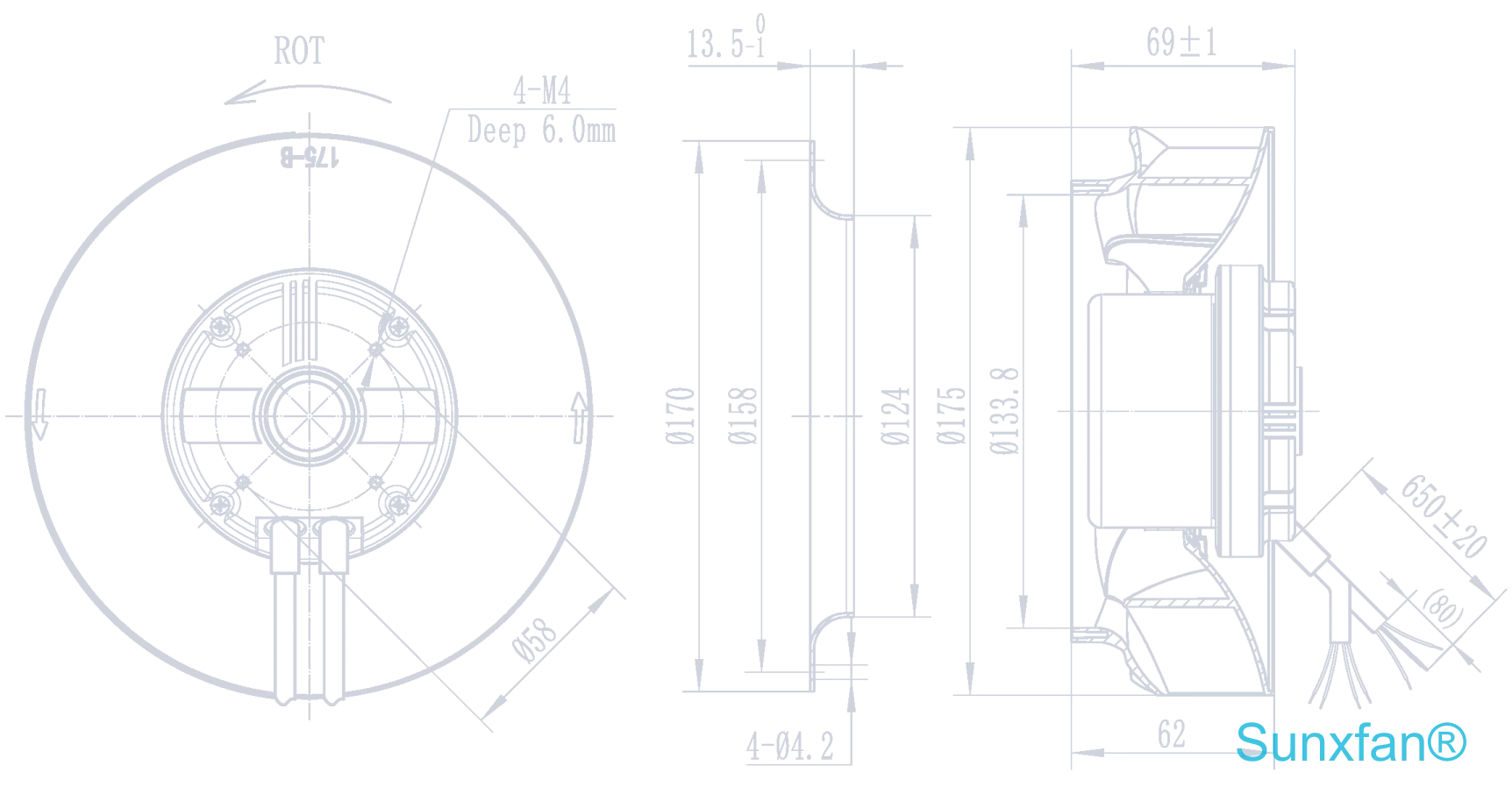 EC175 Backward-Curved Centrifugal Fan — 680 m³/h — Dimensions