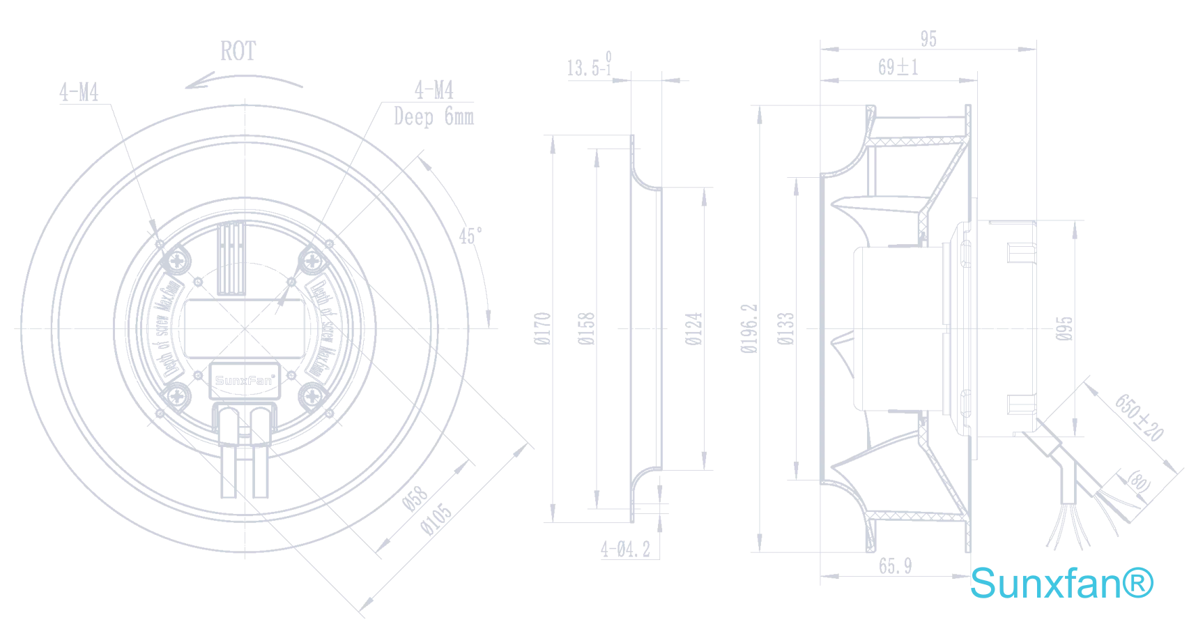 EC190 Backward-Curved Centrifugal Fan — 660 m³/h — Dimensions
