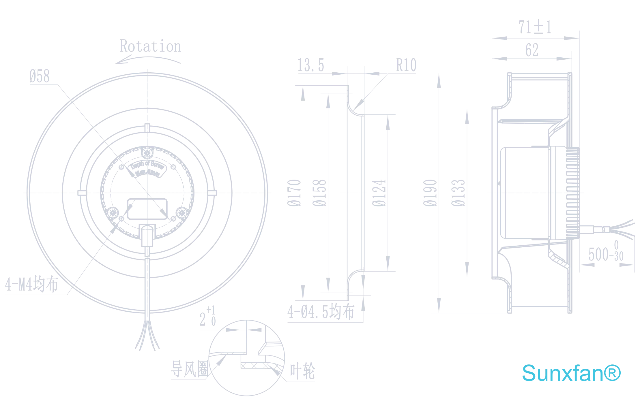 DC190 Backward-Curved Centrifugal Fan — 620 m³/h — Dimensions