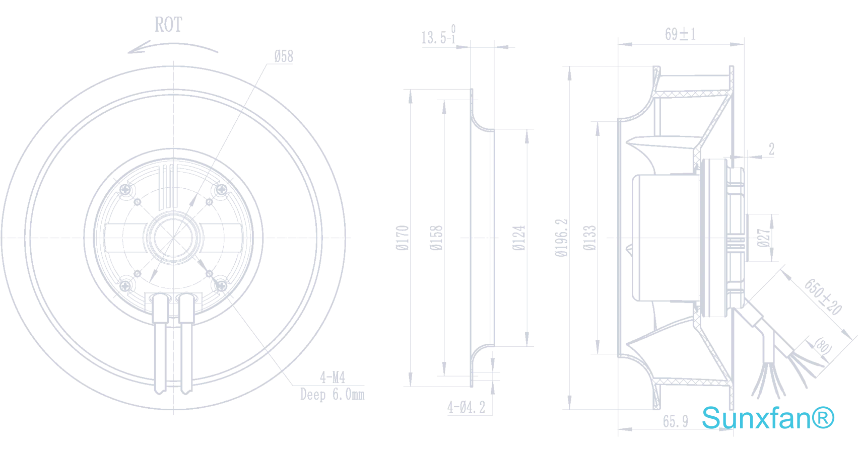 EC190 Backward-Curved Centrifugal Fan — 530 m³/h — Dimensions