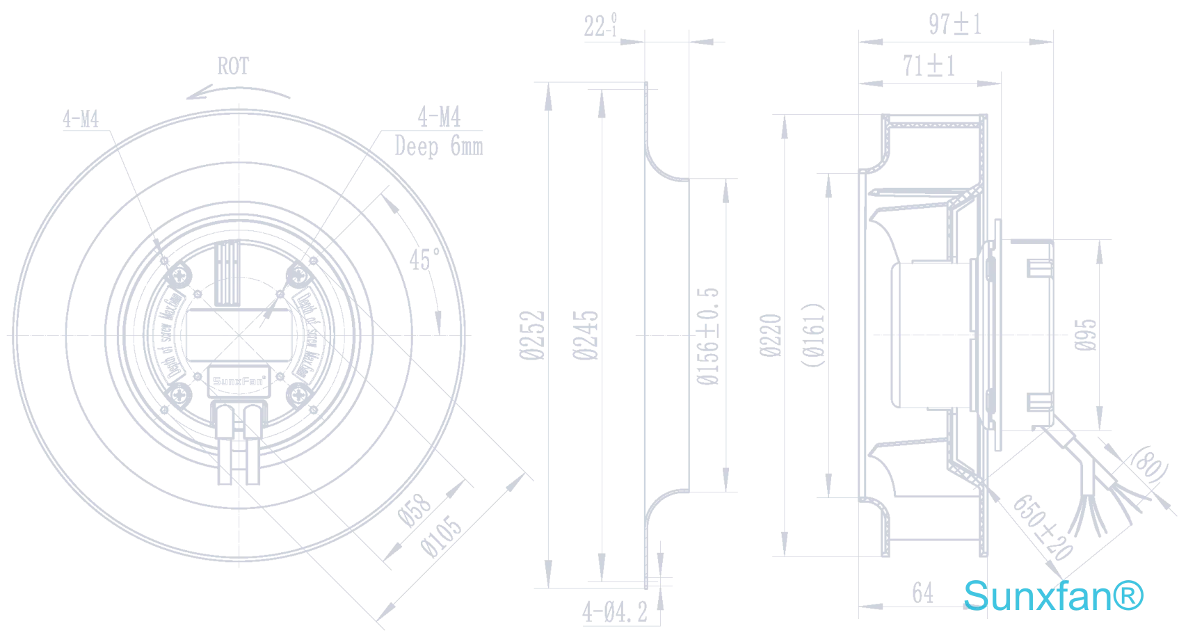 EC220 Backward-Curved Centrifugal Fan — 1180 m³/h — Dimensions