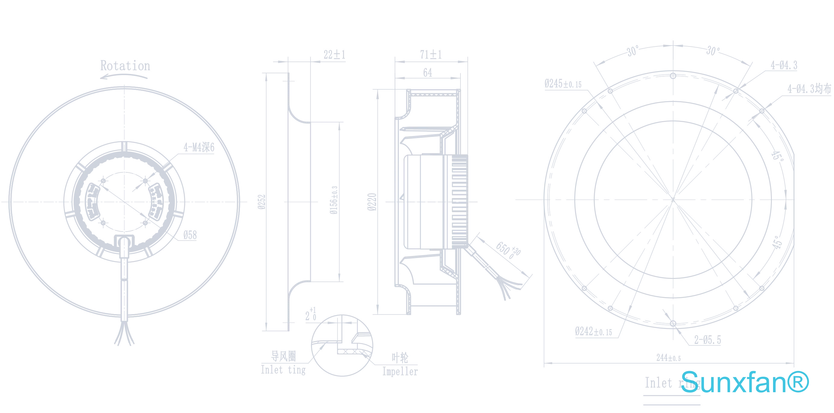 DC220 Backward-Curved Centrifugal Fan — 960 m³/h — Dimensions