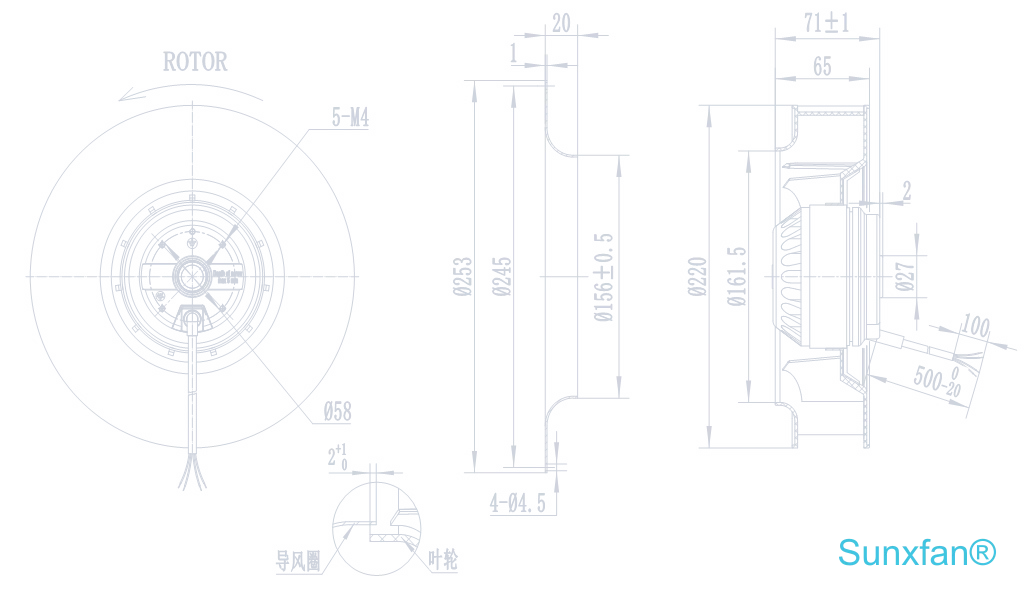 AC220 Backward-Curved Centrifugal Fan — 920 m³/h — Dimensions