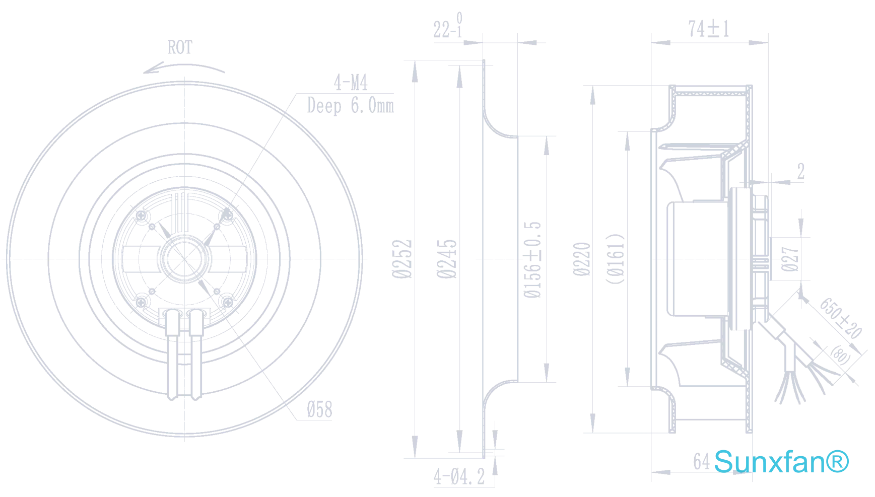 EC220 Backward-Curved Centrifugal Fan — 920 m³/h — Dimensions