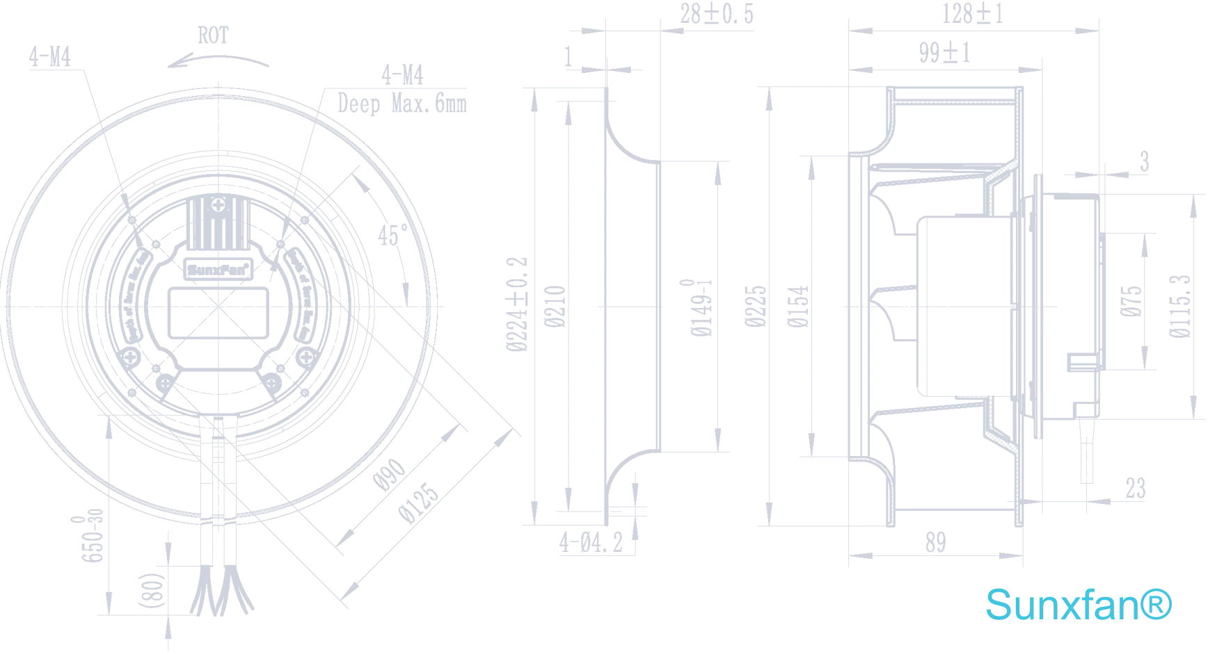 EC225 Backward-Curved Centrifugal Fan — 1420 m³/h — Dimensions