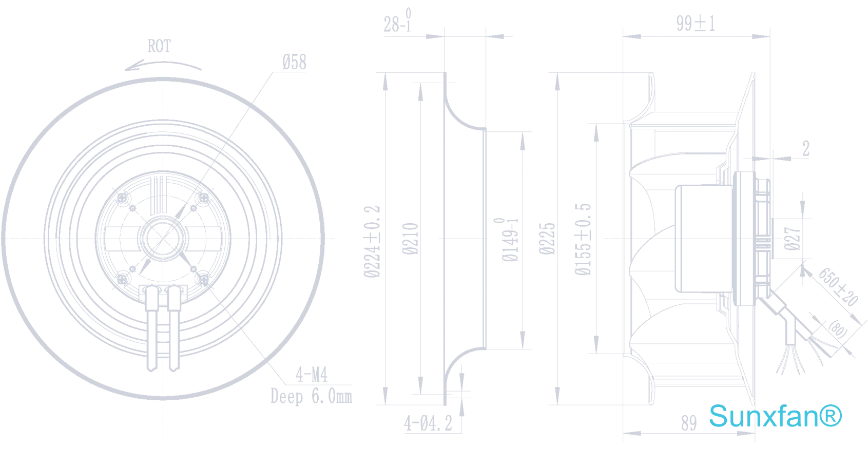 EC225 Backward-Curved Centrifugal Fan — 1200 m³/h — Dimensions