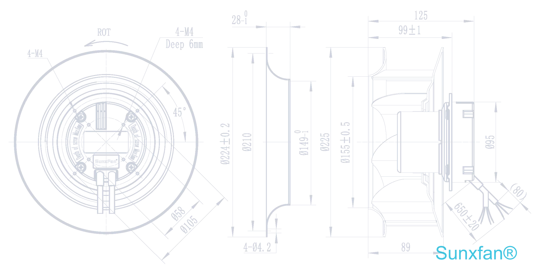 EC225 Backward-Curved Centrifugal Fan — 1020 m³/h — Dimensions