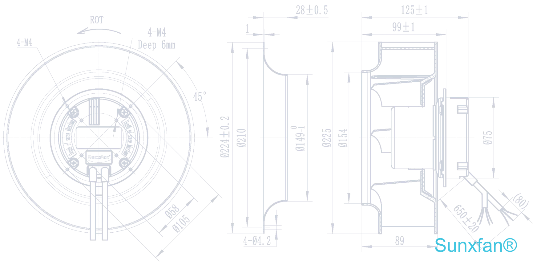 EC225 Backward-Curved Centrifugal Fan — 1420 m³/h — Dimensions