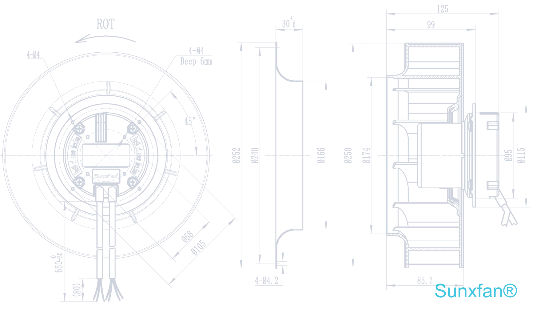 EC250 Backward-Curved Centrifugal Fan — 1080 m³/h — Dimensions