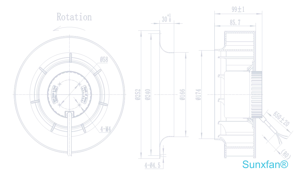 DC250 Backward-Curved Centrifugal Fan — 1450 m³/h — Dimensions