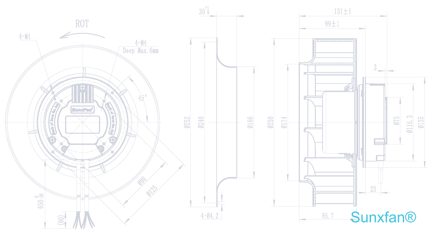 EC250 Backward-Curved Centrifugal Fan — 1080 m³/h — Dimensions