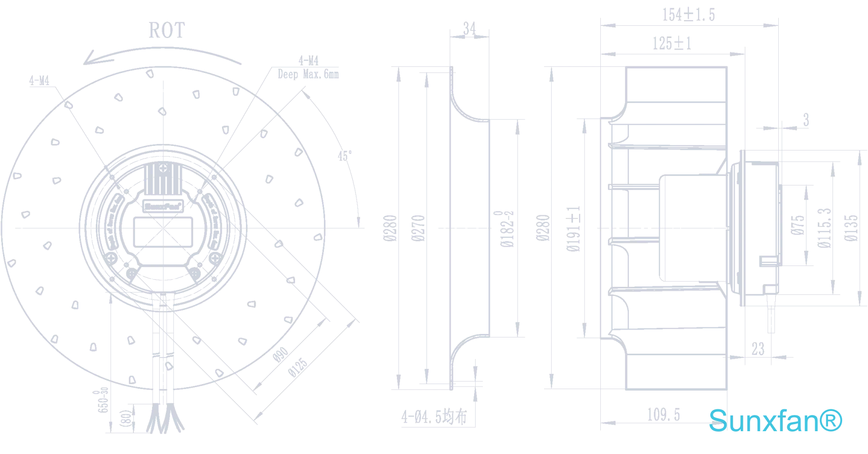 EC280 Backward-Curved Centrifugal Fan(Impeller Height:110mm) — 2000 m³/h — Dimensions