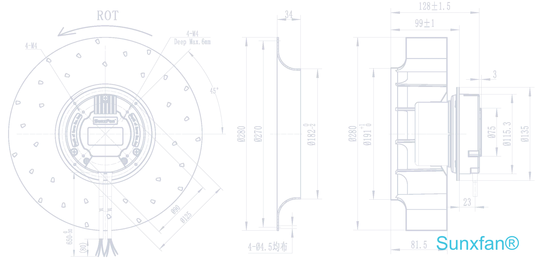 EC280 Backward-Curved Centrifugal Fan — 1540 m³/h — Dimensions