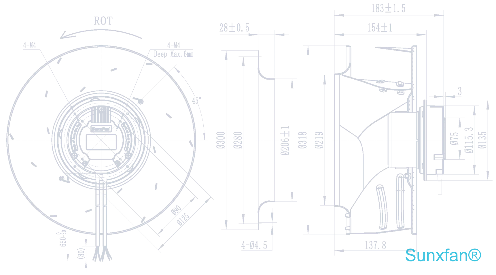 EC310 Backward-Curved Centrifugal Fan(Impeller Height:138mm) — 2490 m³/h — Dimensions