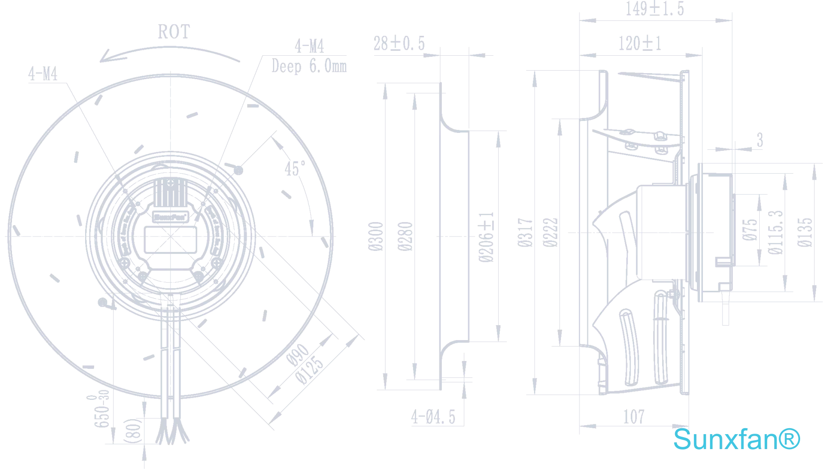 EC310 Backward-Curved Centrifugal Fan — 2100 m³/h — Dimensions
