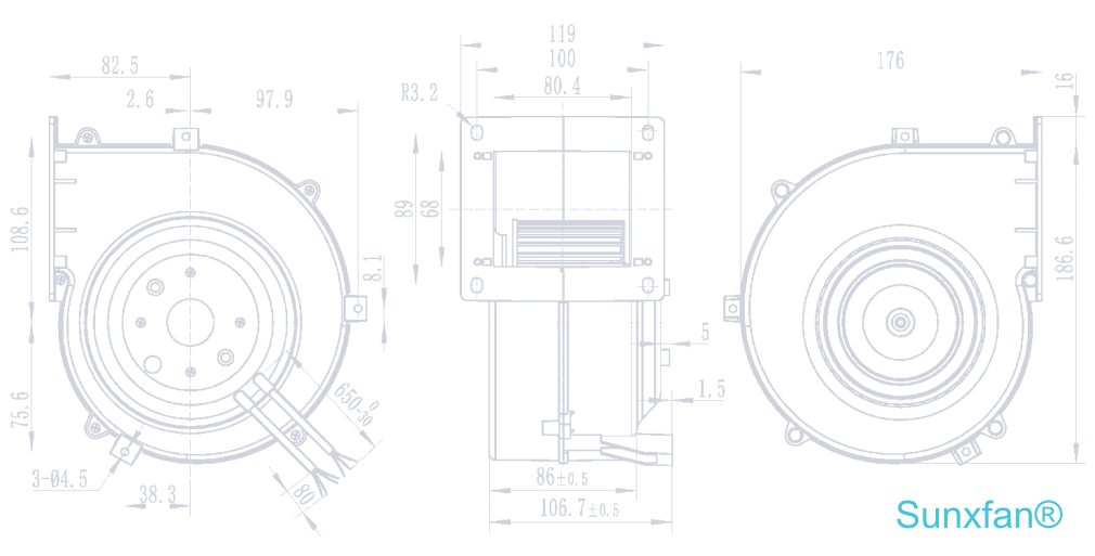 EC120 Single inlet Centrifugal Fan — 300 m³/h — Dimensions