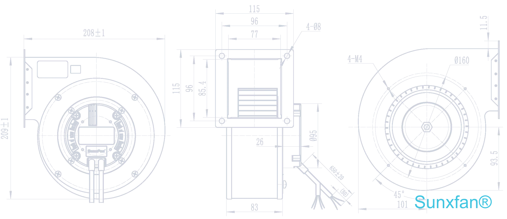 EC140 Single inlet Centrifugal Fan — 460 m³/h — Dimensions