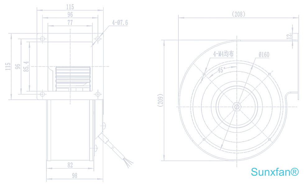 DC140 Single inlet Centrifugal Fan — 430 m³/h — Dimensions