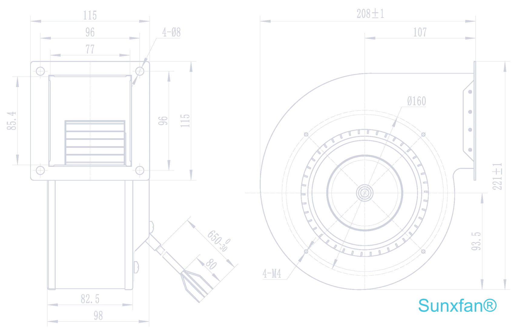 EC140 Single inlet Centrifugal Fan — 380 m³/h — Dimensions