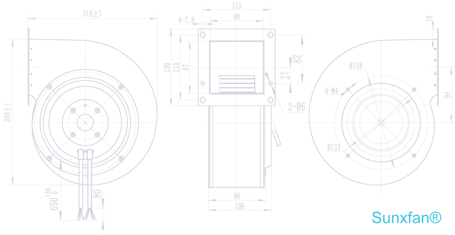 EC160 Single inlet Centrifugal Fan — 530 m³/h — Dimensions