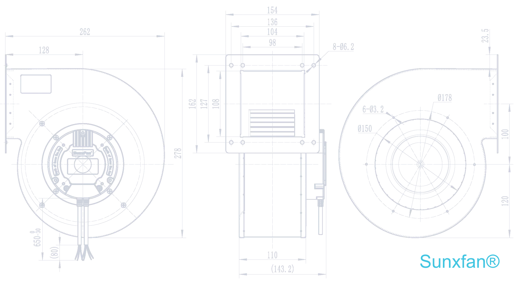 EC180 Single inlet Centrifugal Fan — 780 m³/h — Dimensions