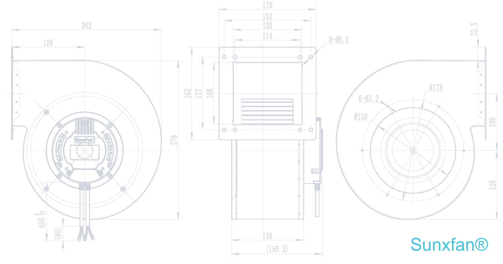 EC180 Single inlet Centrifugal Fan — 960 m³/h — Dimensions