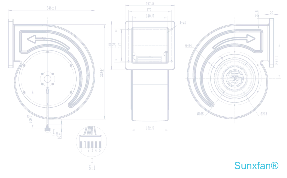 DC200 Single inlet Centrifugal Fan — 1050 m³/h — Dimensions