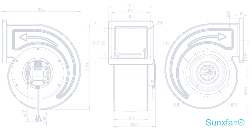 EC200 Single inlet Centrifugal Fan — 1050 m³/h — Dimensions
