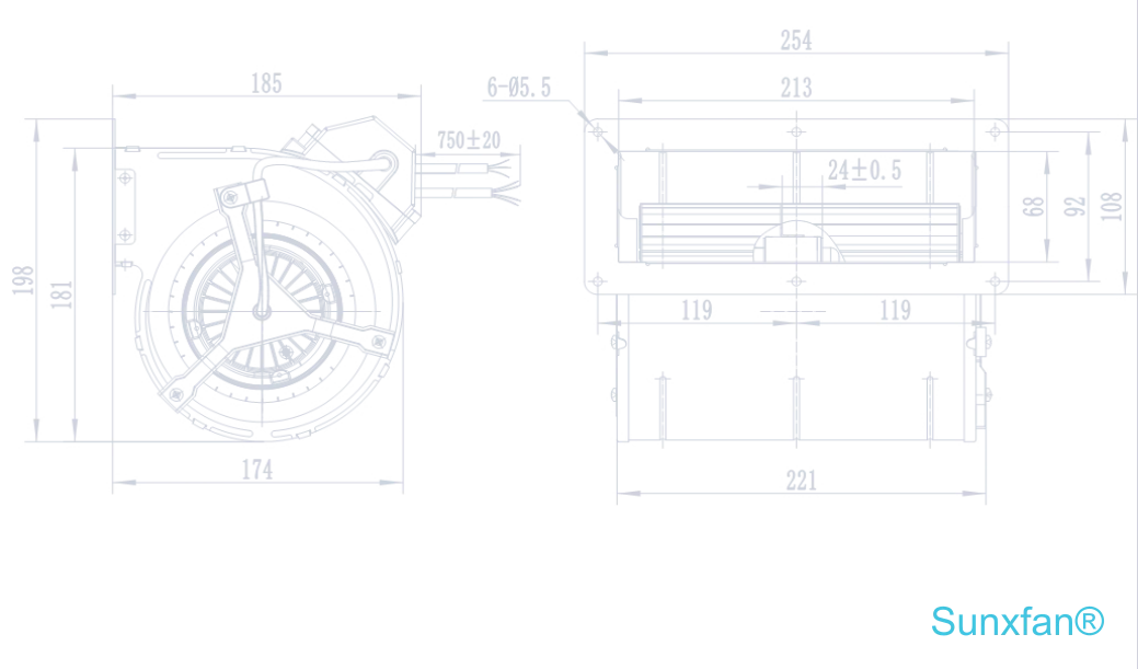 EC133 Dual intake Centrifugal blower — 1150 m³/h — Dimensions